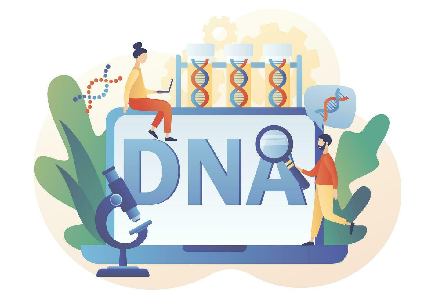 genetisch dna wetenschap. gen schroef teken. laboratorium apparatuur, laptop. klein wetenschapper onderzoeken en testen dna met laptop in laboratorium. modern vlak tekenfilm stijl. vector illustratie Aan wit achtergrond