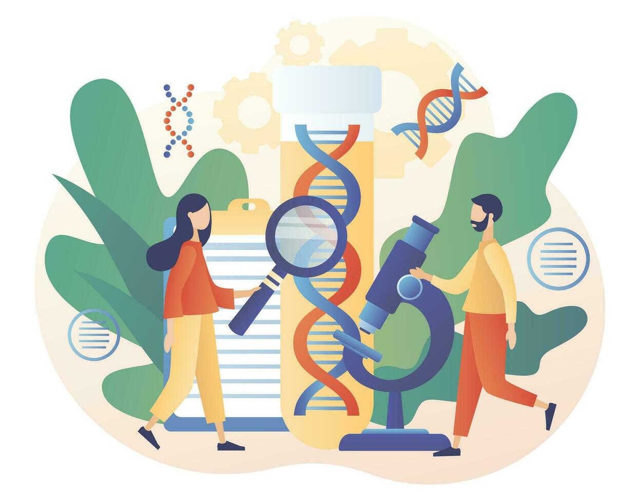 klein wetenschappers onderzoeken, diagnose en testen dna met microscoop in laboratorium. genetisch dna wetenschap. laboratorium apparatuur. modern vlak tekenfilm stijl. vector illustratie Aan wit achtergrond