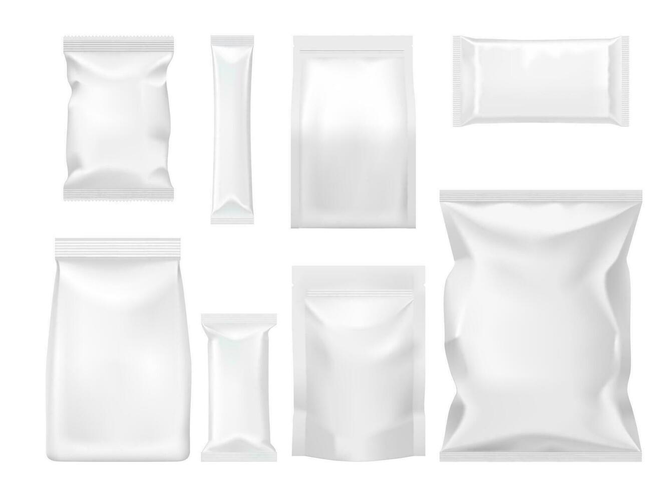 polymeer en papier pakketjes en pakketten mockups vector