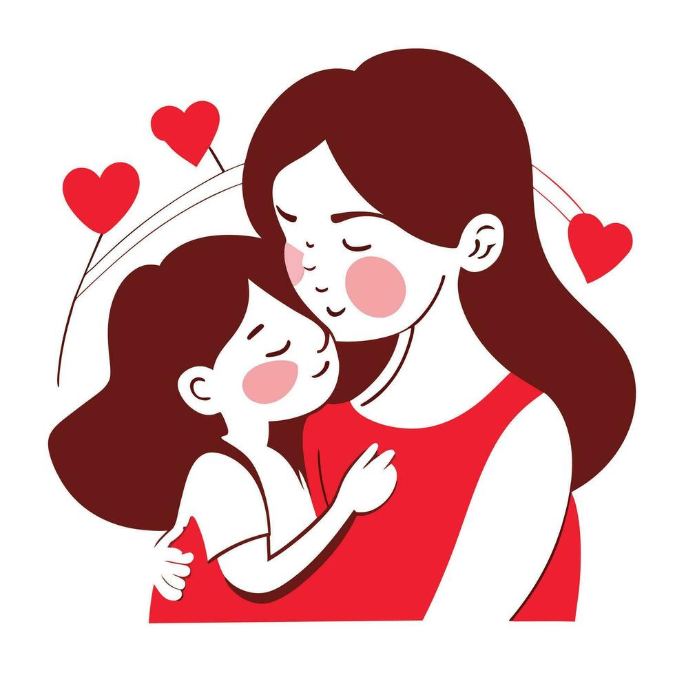 gelukkig moeder dag karakter ontwerp vector. vlak hand- getrokken stijl mam knuffelen dochter in haar arm. moeder dag vector