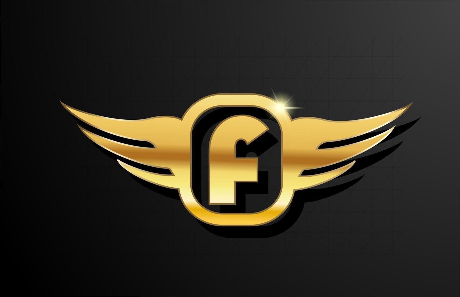 f gouden letter logo alfabet voor bedrijf en bedrijf met gele kleur. bedrijfsbrading en belettering met gouden metalen ontwerp en vleugel vector