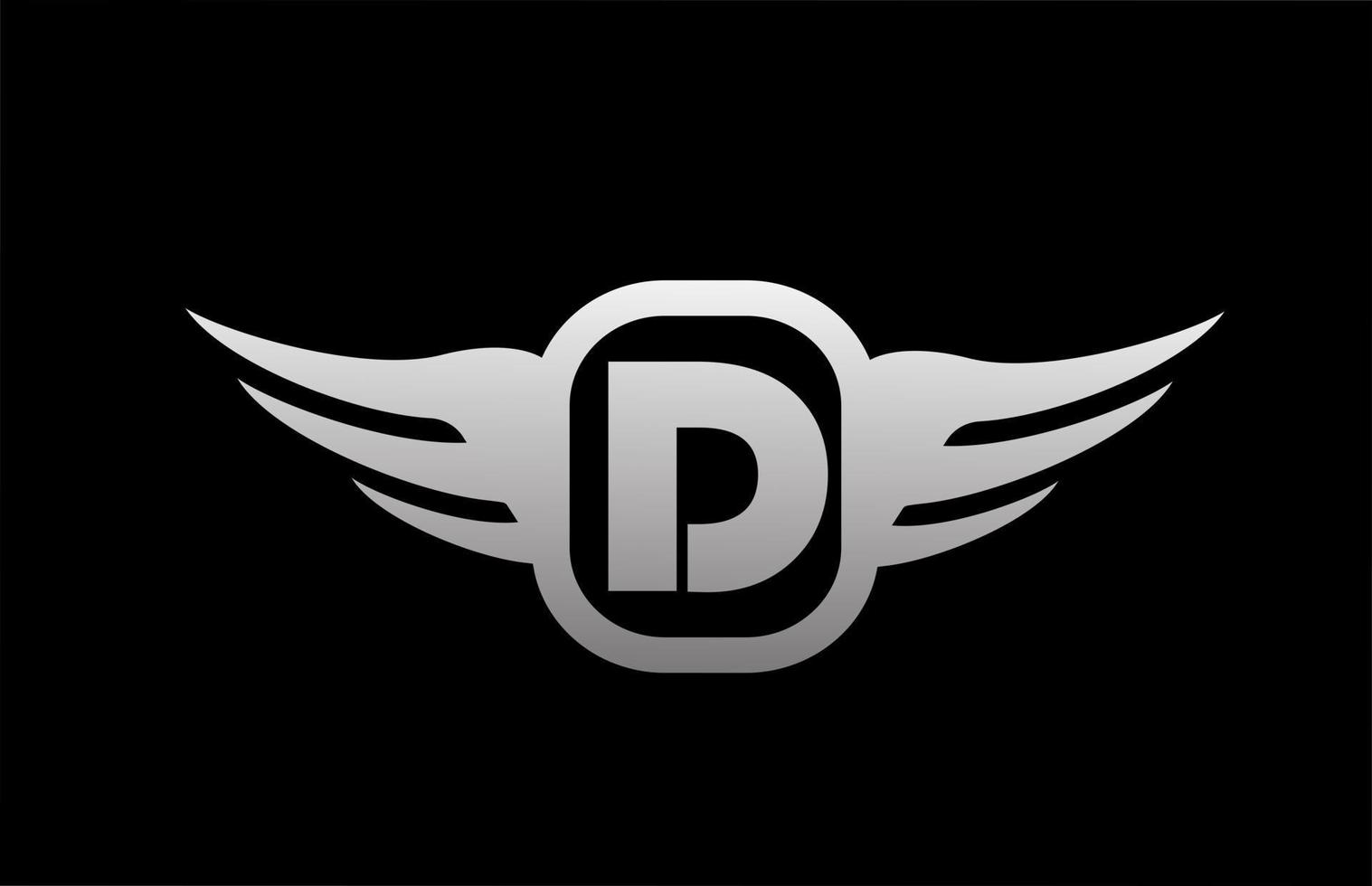 d alfabet letter logo voor bedrijf en bedrijf met vleugels en zwart-wit grijze kleur. corporate brading en belettering icoon met eenvoudig ontwerp vector