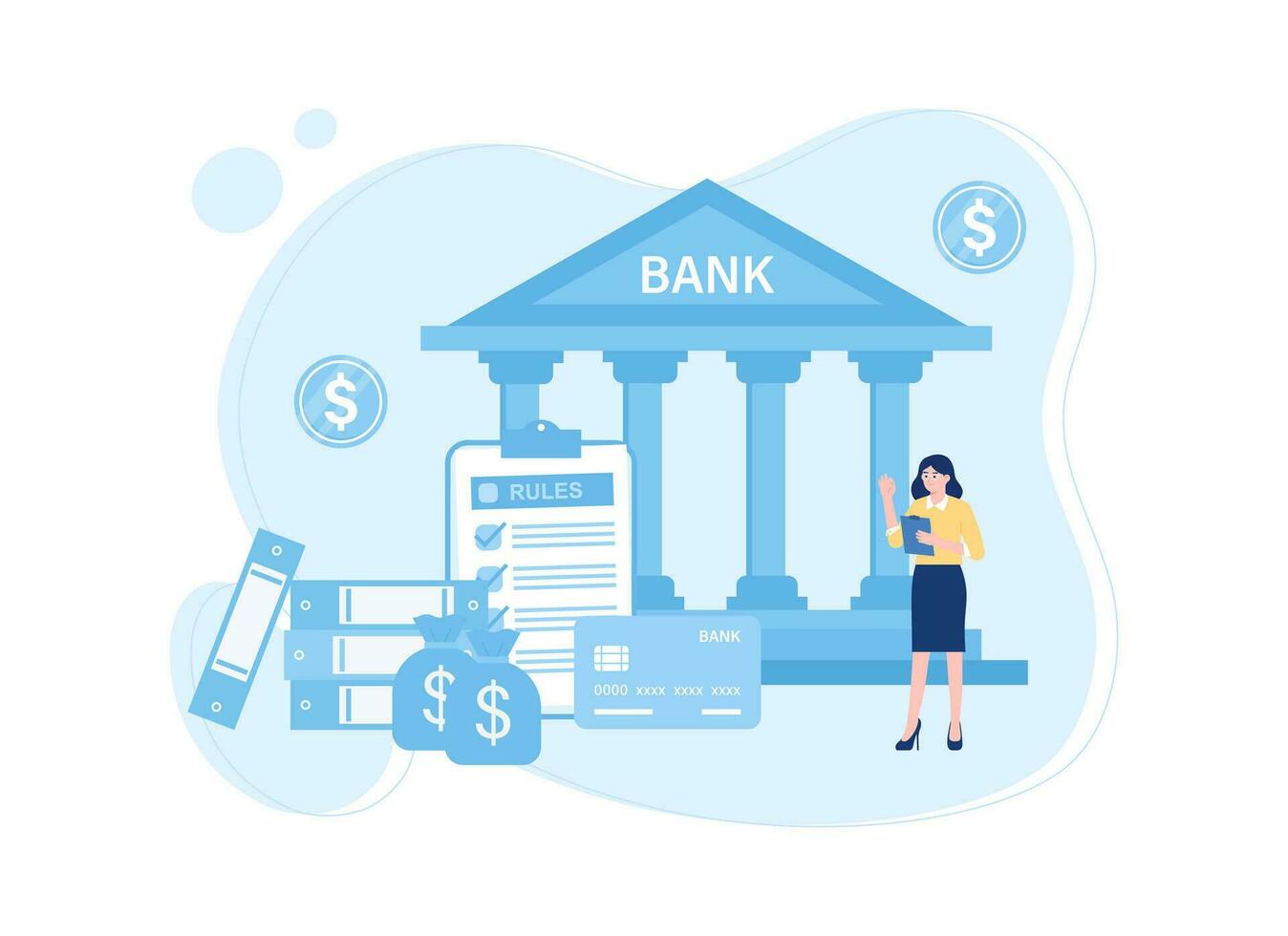 bank arbeider met credit kaart en munten in voorkant van bank gebouw concept vlak illustratie vector