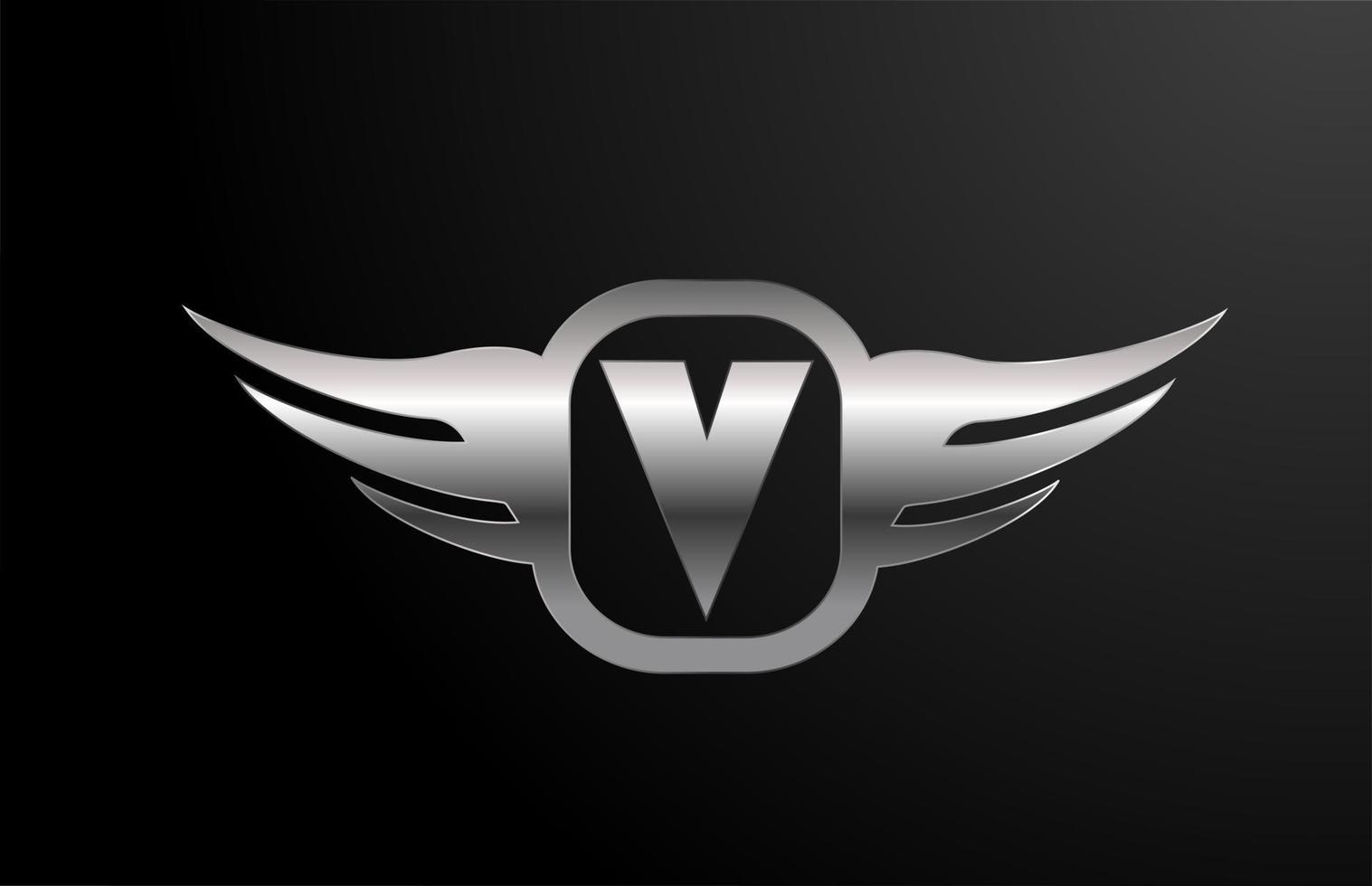 v letter logo alfabet voor bedrijf en bedrijf met vleugels en zilveren kleur. bedrijfsbelettering en brading met metalen design icoon vector
