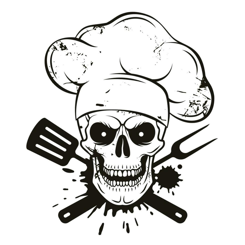 grijnzend schedel in chef hoed met gekruiste barbecue hulpmiddelen. tekenfilm chef schedel in hand- getrokken stijl. rooster meester, grunge vector illustratie