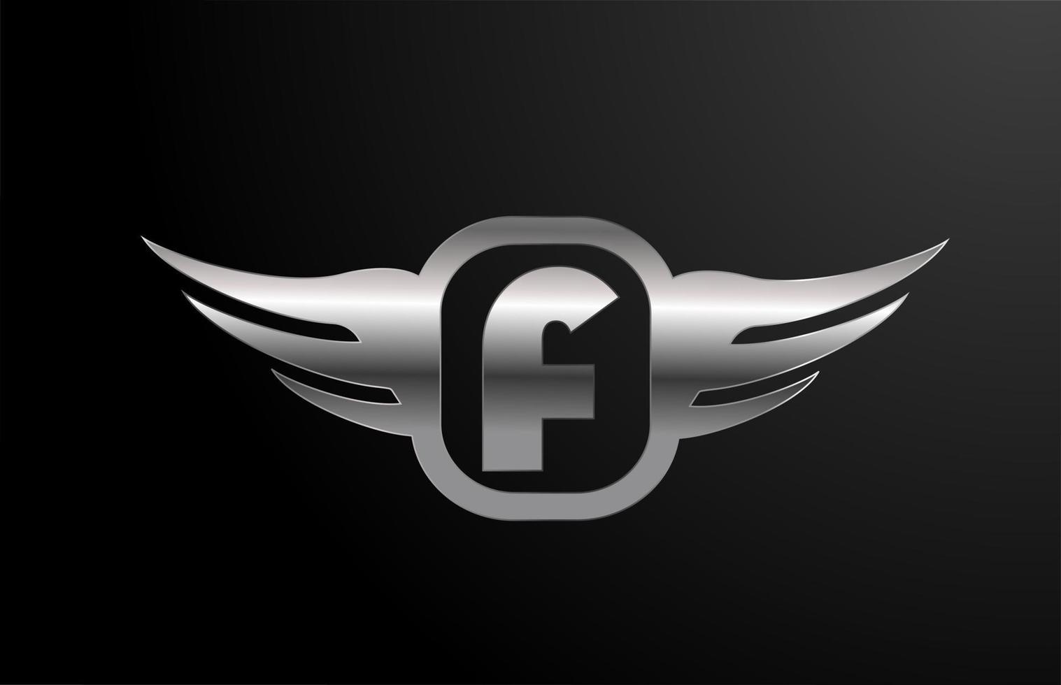 f letter logo alfabet voor bedrijf en bedrijf met vleugels en zilveren kleur. bedrijfsbelettering en brading met metalen design icoon vector