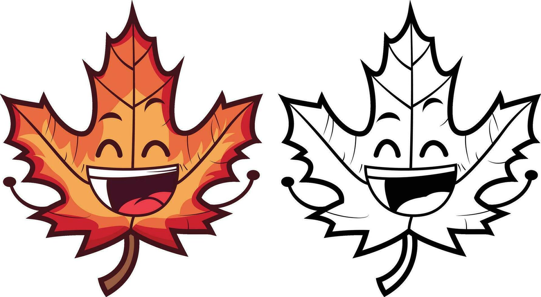 gelukkig esdoorn- blad tekenfilm mascotte karakter vector illustratie, Canadees oranje esdoorn- blad met een gezicht vector beeld