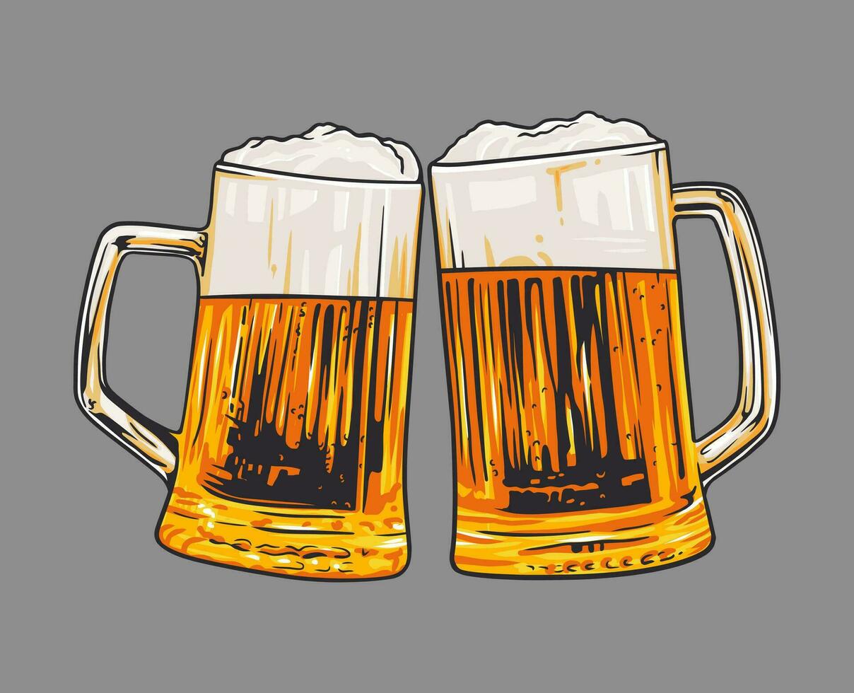 illustratie van twee roosteren bier mokken. proost. gerinkel glas kroesjes vol van bier. hand- getrokken vector illustratie