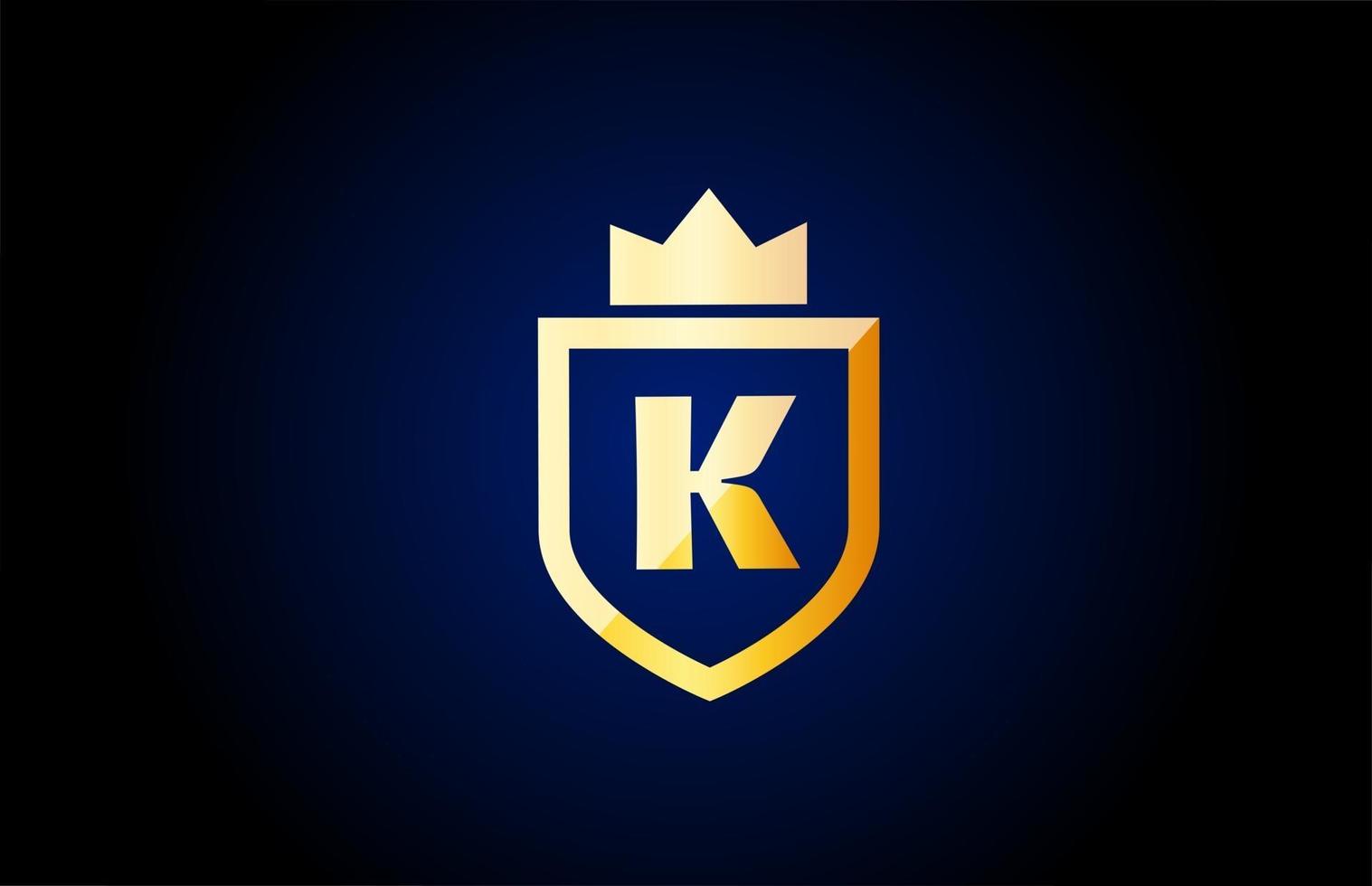 goud k alfabet letterpictogram logo. ontwerp voor zakelijke en bedrijfsidentiteit met schild en koningskroon vector