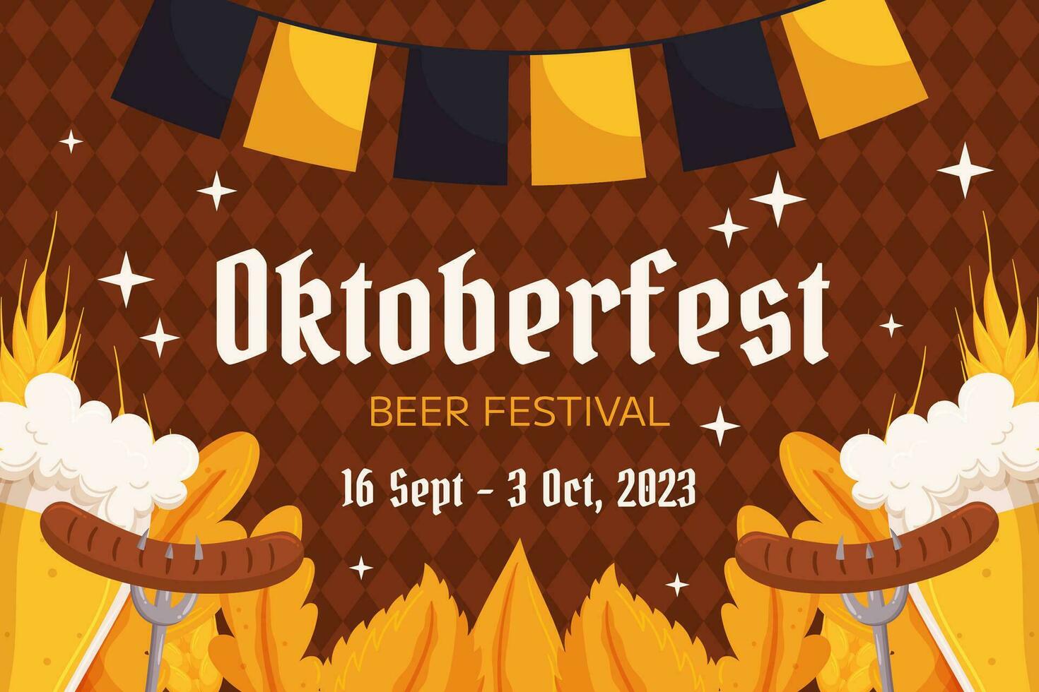 oktoberfeest Duitse bier festival achtergrond. ontwerp met glas van bier, vorken met gegrild worst, tarwe en bladeren, zwart en geel guirlande. ruit patroon Aan terug vector