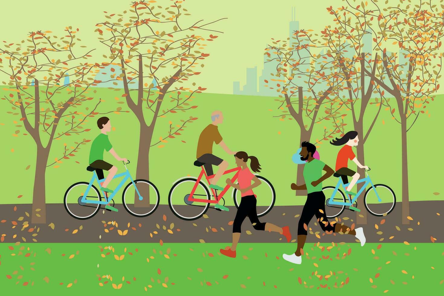 mensen ontspannen in een prachtig herfst stadspark wandelen fietsen en communiceren vector