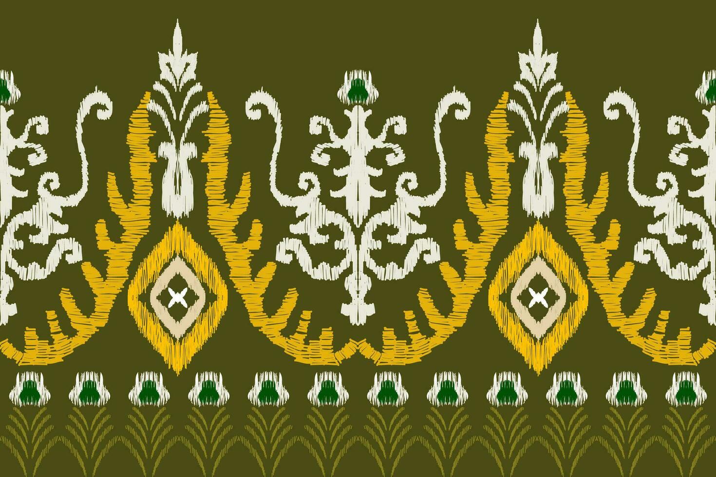 naadloos ikat herhaalt modern handgemaakt batik ontwerp. Aan een groen achtergrond, wijnoogst stijl. vector