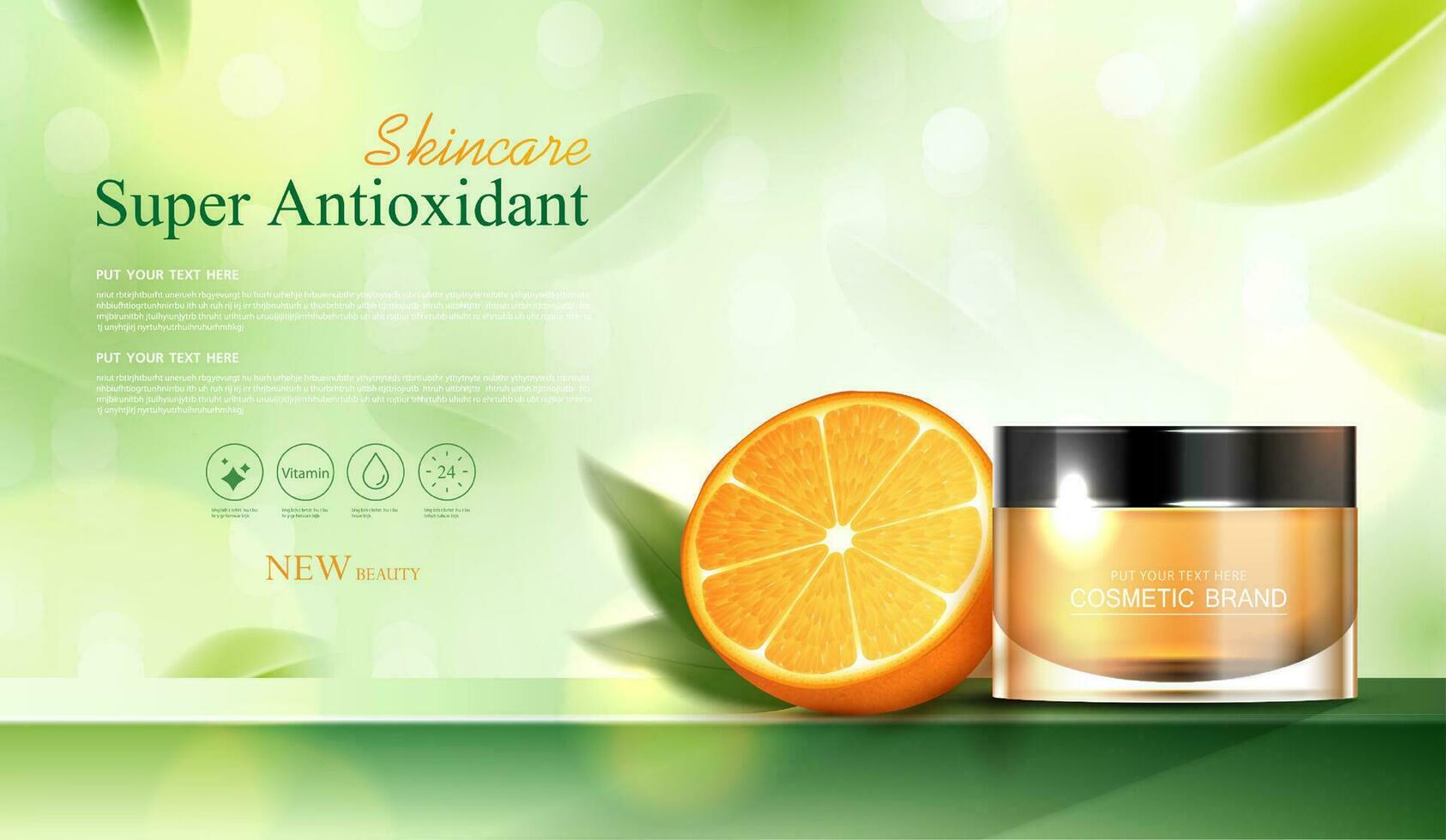 schoonheidsmiddelen vitamine c of huid zorg Product advertenties met fles, realistisch pakket model. banier advertentie voor schoonheid producten en oranje achtergrond. vector ontwerp.