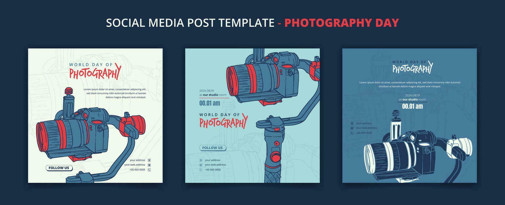 reeks van sociaal media post sjabloon voor fotografie dag met camera en stabilisator in vector ontwerp