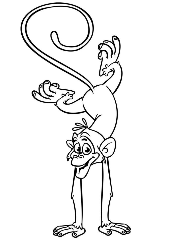tekenfilm grappig aap handstaand en aan het doen circus truc. vector illustratie van gelukkig aap chimpansee contouren voor kleur Pagina's boek