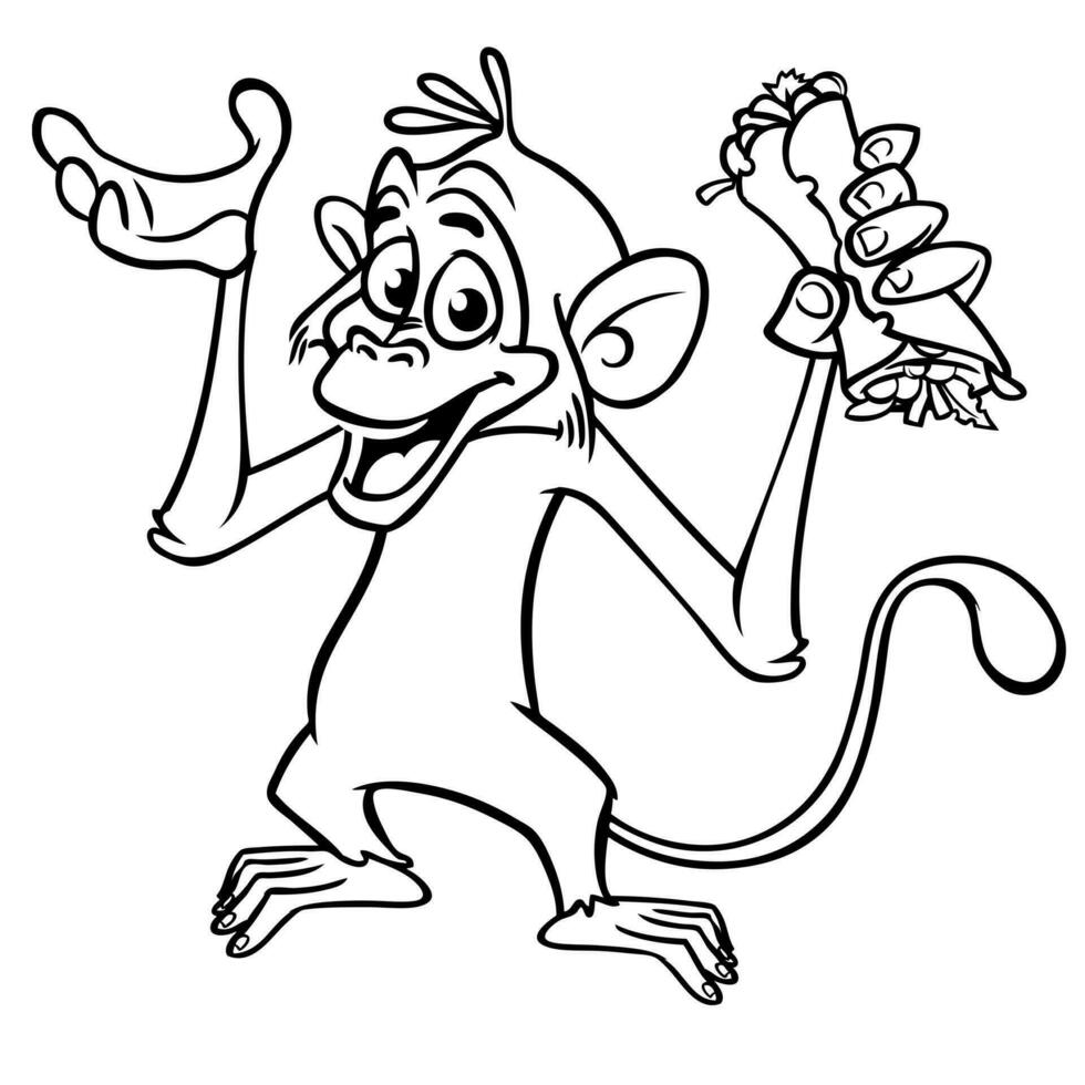 tekenfilm grappig aap Holding kebab of falafel rollen straatvoedsel. vector illustratie van gelukkig aap chimpansee contouren voor kleur Pagina's boek