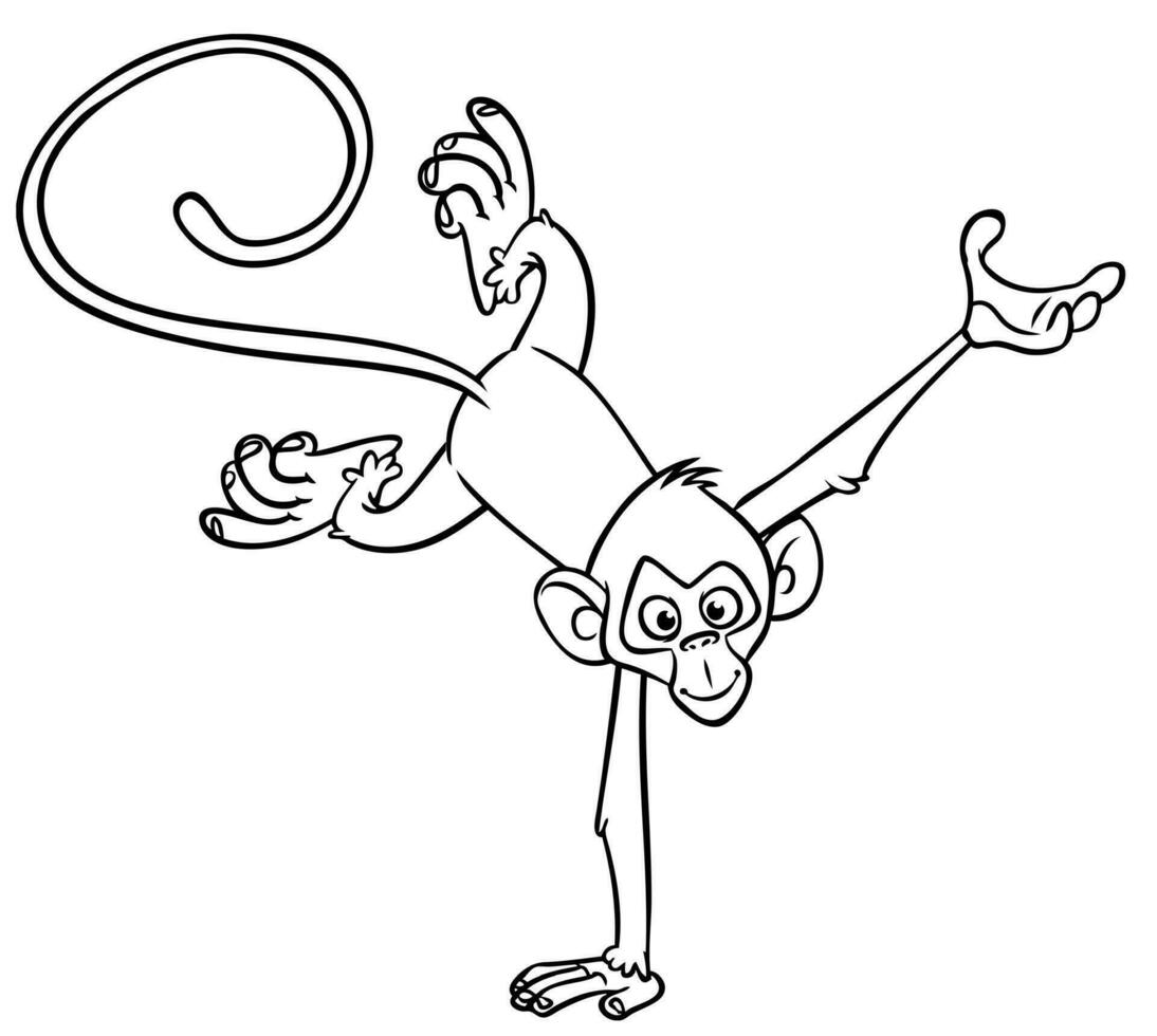tekenfilm grappig aap handstaand en aan het doen circus truc. vector illustratie van gelukkig aap chimpansee contouren voor kleur Pagina's boek