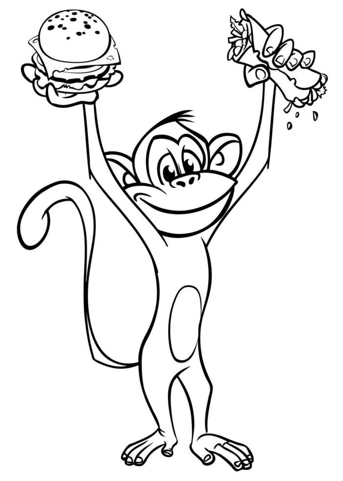 tekenfilm grappig aap Holding kebab of falafel rollen straatvoedsel. vector illustratie van gelukkig aap chimpansee contouren voor kleur Pagina's boek