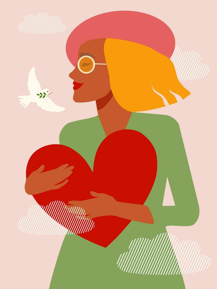 elegant jong vrouw in een hoed en jurk Holding een groot rood hart Aan een roze achtergrond met wolken met een vliegend duif van vrede. mentaal Gezondheid. geniet de voorjaar en de vredig lucht bovenstaande. vector. vector