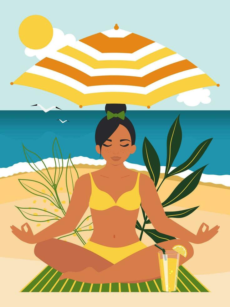 jong vrouw is zittend in yoga lotus positie. vrij geest concept, vrouw mentaal Gezondheid, positief verstand. een meisje in een zwempak mediteert Aan de strand in zomer. vector. vector