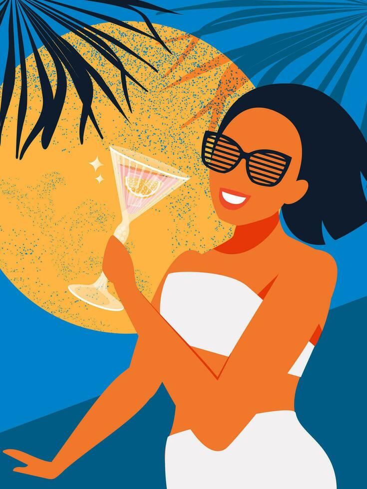 zomer gevoel. een mooi vrouw in een het baden pak drankjes een cocktail Aan de achtergrond van de zonsondergang zon Aan vakantie en geniet leven. vector. vector