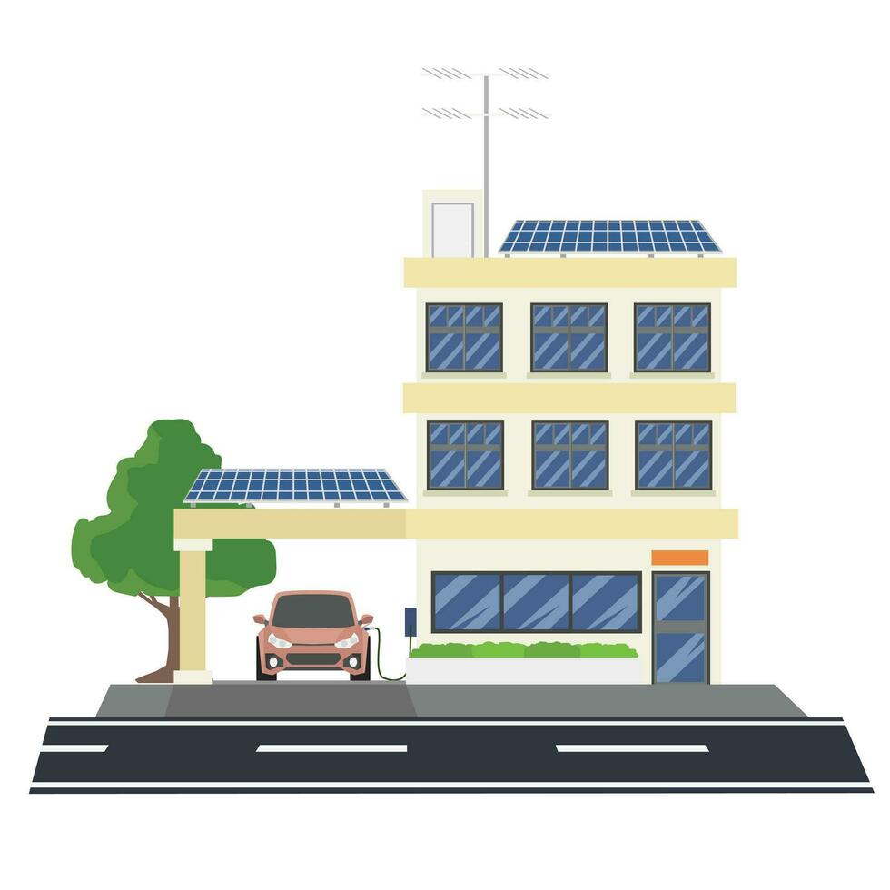 elektrisch sport auto parkeren opladen Bij stad- huis muur doos oplader station. energie opslagruimte met fotovoltaïsche zonne- panelen Aan gebouw dak. met natuur groen bomen Aan geïsoleerd wit achtergrond. vector