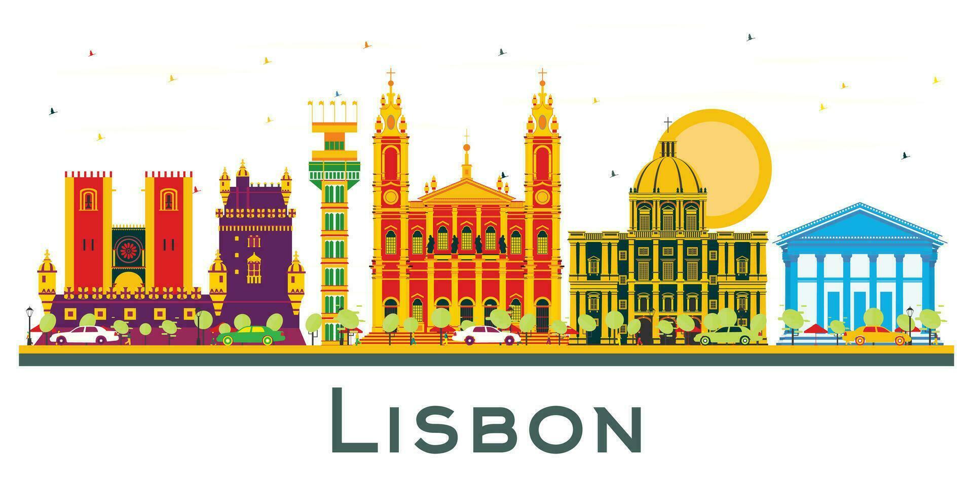Lissabon Portugal stad horizon met kleur gebouwen geïsoleerd Aan wit. vector