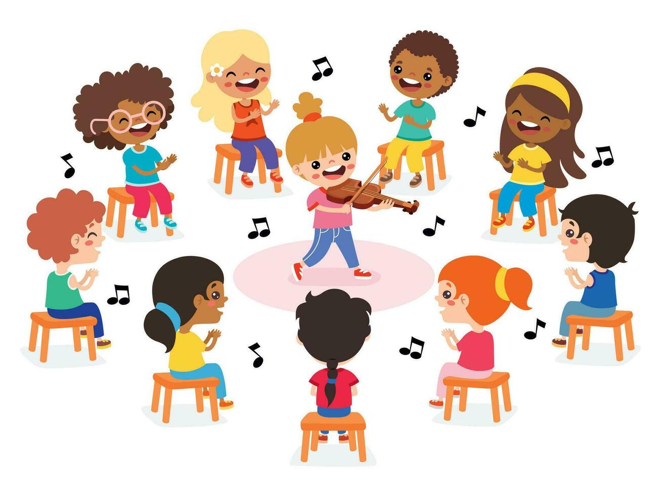 kinderen zittend in cirkel en luisteren muziek- vector