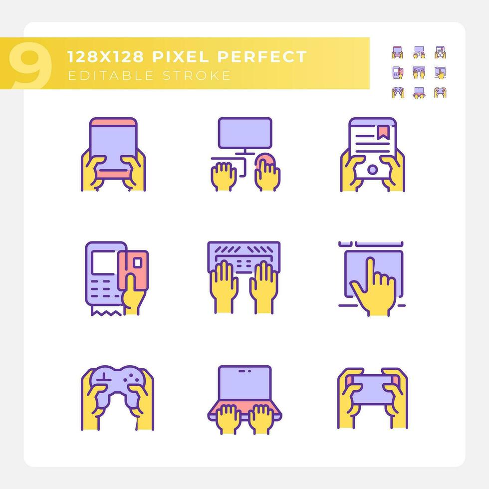 geel handen gebruik makend van elektronisch gadgets rgb kleur pictogrammen set. technologie van bedrijf en amusement. hardware gebruiker. geïsoleerd vector illustraties. gemakkelijk gevulde lijn tekeningen verzameling