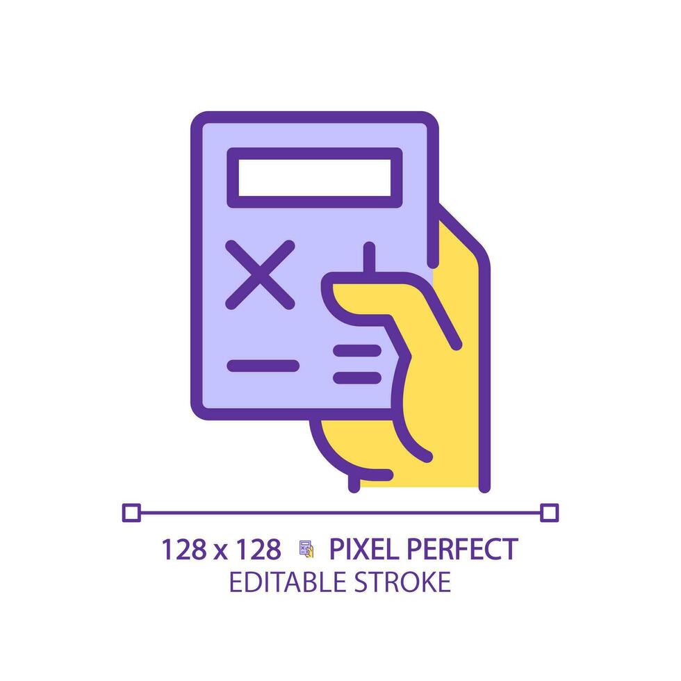 geel hand- met rekenmachine rgb kleur icoon. elektronisch apparaat voor tellen. kantoor en school- digitaal hulpmiddel. accounting instrument. geïsoleerd vector illustratie. gemakkelijk gevulde lijn tekening