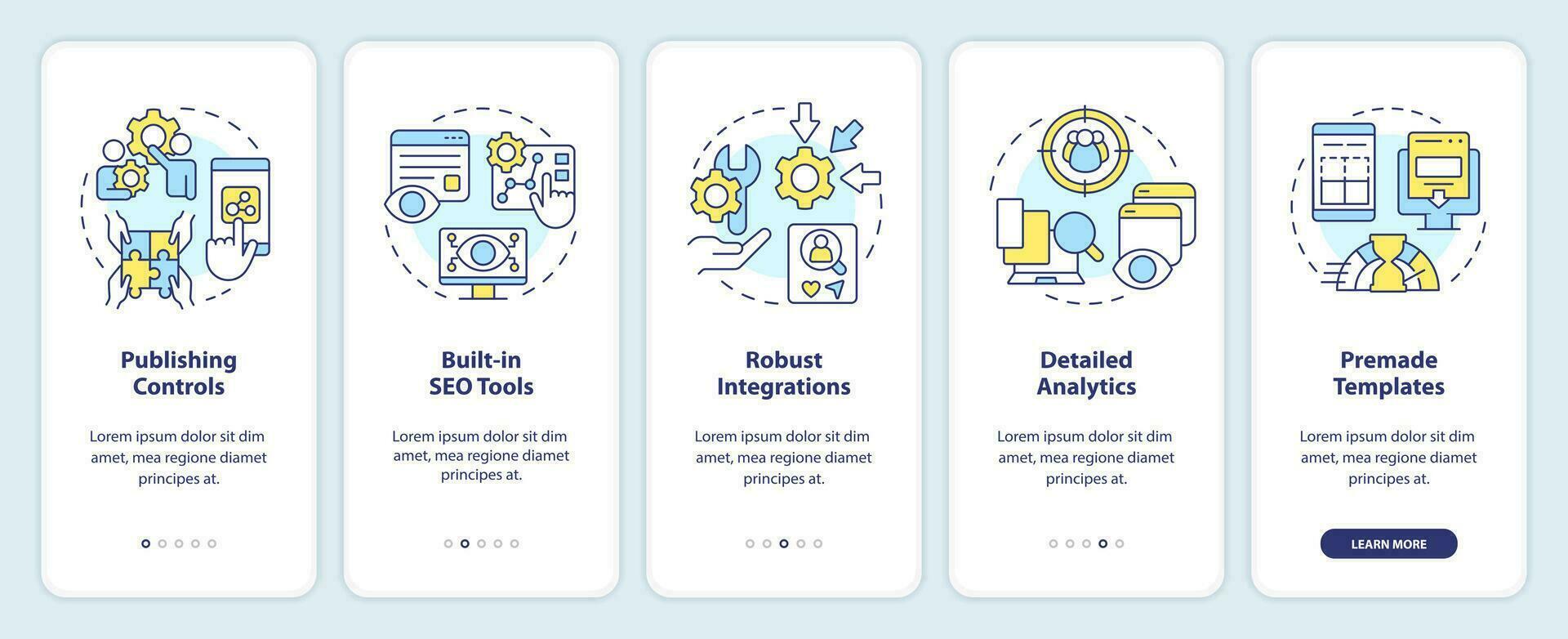 inhoud beheer systeem aspecten onboarding mobiel app scherm. walkthrough 5 stappen bewerkbare grafisch instructies met lineair concepten. ui, ux, gui sjabloon vector