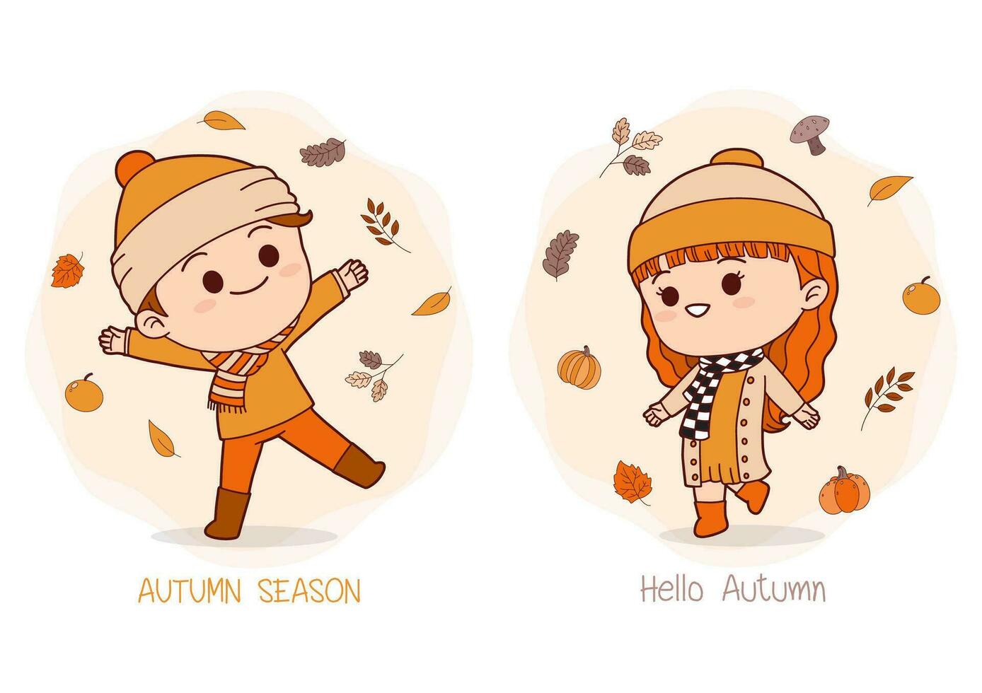 herfst hand- getrokken met meisje en jongen gelukkig met herfst bladeren vector