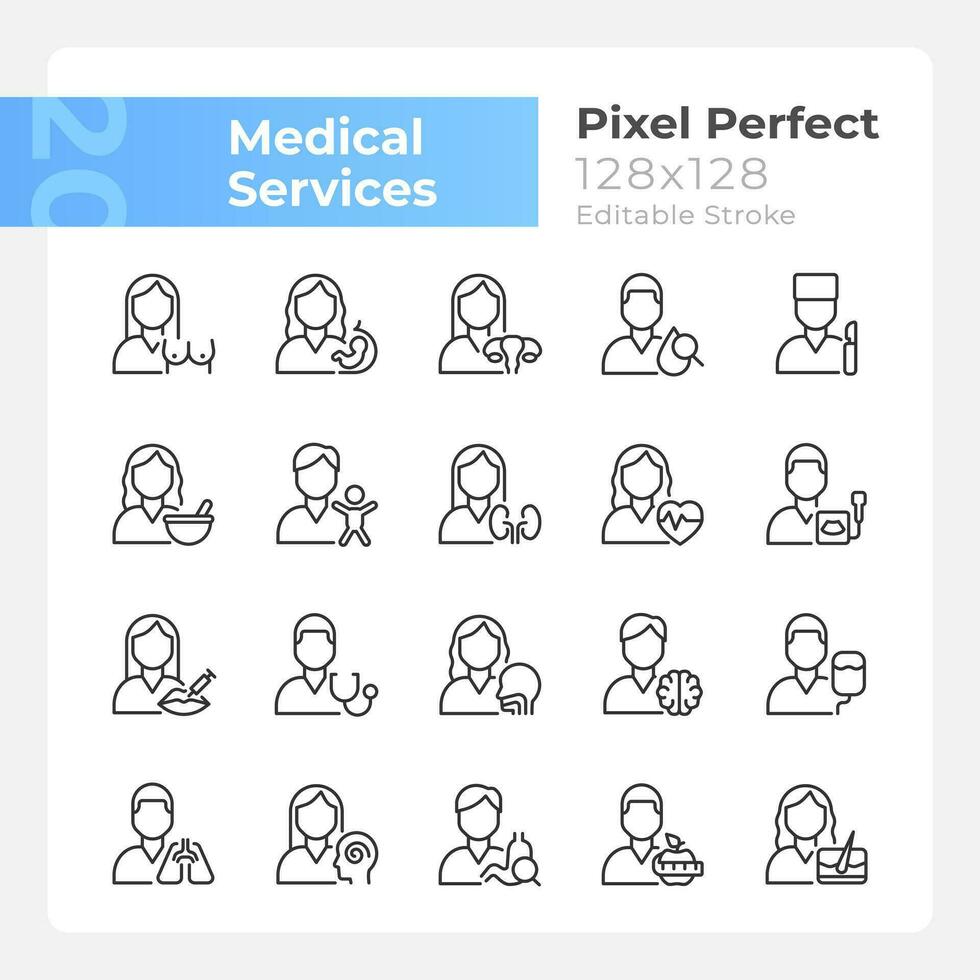 medisch Diensten pixel perfect lineair pictogrammen set. dokter controle. medisch kliniek en ziekenhuis afdelingen. aanpasbare dun lijn symbolen. geïsoleerd vector schets illustraties. bewerkbare beroerte