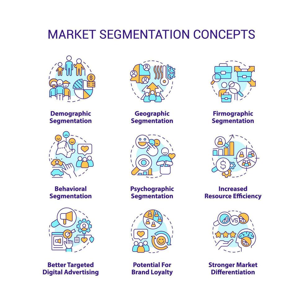 markt segmentatie concept pictogrammen set. verdelen in groepen. doelwit publiek idee dun lijn kleur illustraties. geïsoleerd symbolen. bewerkbare beroerte vector