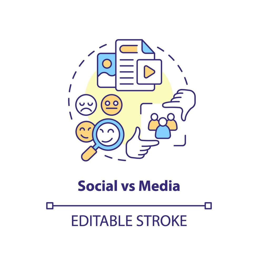 sociaal vs media concept icoon. online inhoud. interpersoonlijk relatie. klein gemeenschap. sociaal netwerk abstract idee dun lijn illustratie. geïsoleerd schets tekening. bewerkbare beroerte vector