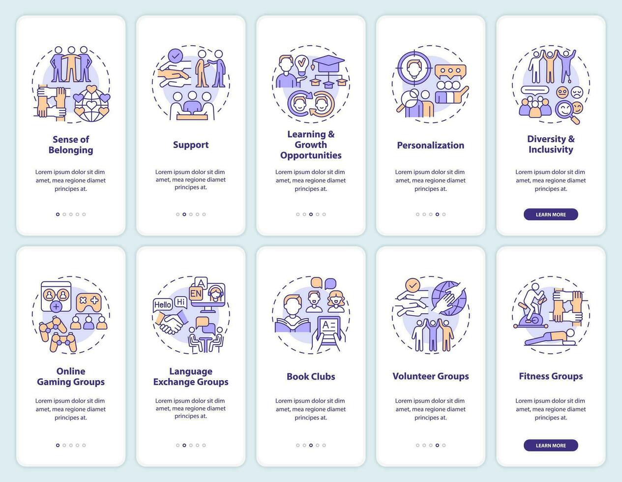 micro gemeenschap onboarding mobiel app scherm set. mensen verbinding walkthrough 5 stappen bewerkbare grafisch instructies met lineair concepten. ui, ux, gui sjabloon vector