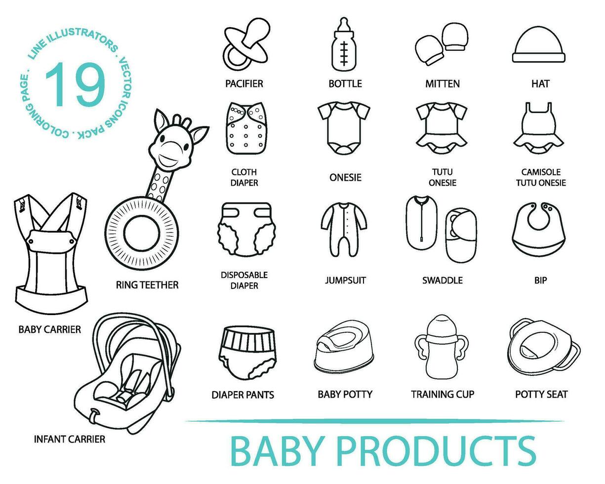 baby Product bewerkbare beroerte schets pictogrammen set. baby vervoerder, auto stoel, potje, bijtring, rompertjes, fles, fopspeen, inbakeren. vector illustratie.