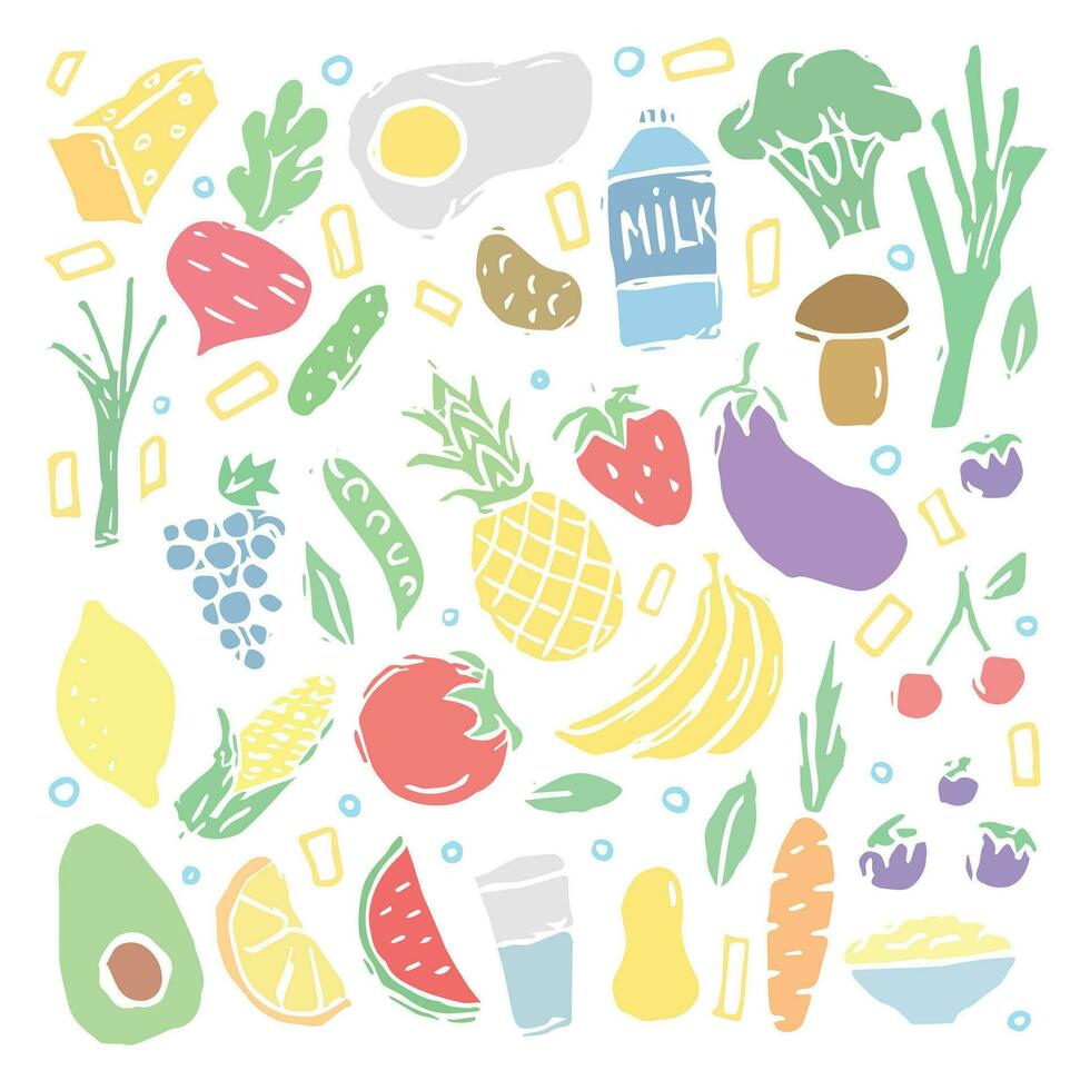 gezond voedsel pictogrammen. getrokken gezond voedsel achtergrond vector