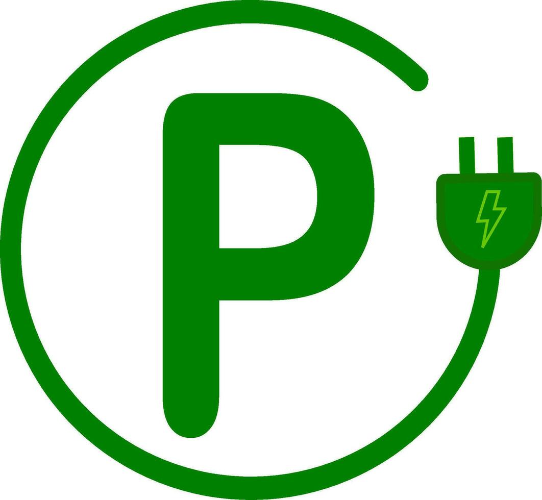 brief p met plug icoon. groen elektrisch voertuig parkeren teken. elektrisch auto opladen punt. parkeren ruimte voor eco vriendelijk hybride auto's. groen energie concept .vervangbaar vector ontwerp.