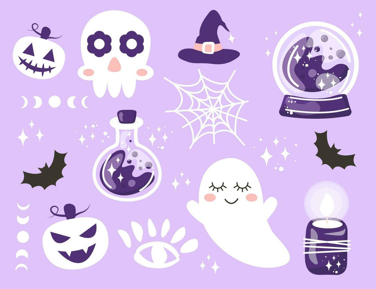 schattig halloween clip art. reeks van halloween vector tekens en elementen - geest, schedel, pompoen gezicht, knuppel, heks hoed, magie kristal bal, toverdrank fles. hand- getrokken tekenfilm kinderachtig illustratie