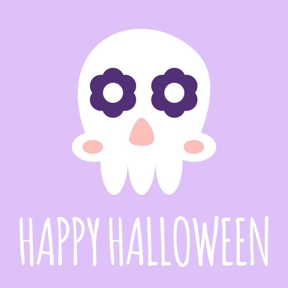 gelukkig halloween kaart met schattig schedel geïsoleerd Aan Purper achtergrond. vector illustratie in vlak tekenfilm stijl. perfect voor groet kaarten, kinderen overhemden, textiel afdrukken, uitnodigingen en zo Aan