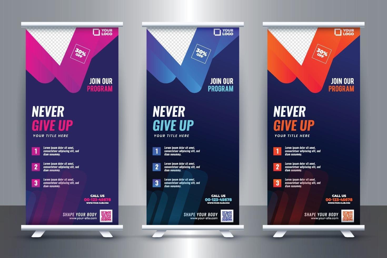 gratis fitness rollup banners sjabloonideeën in 2021-2030 vector