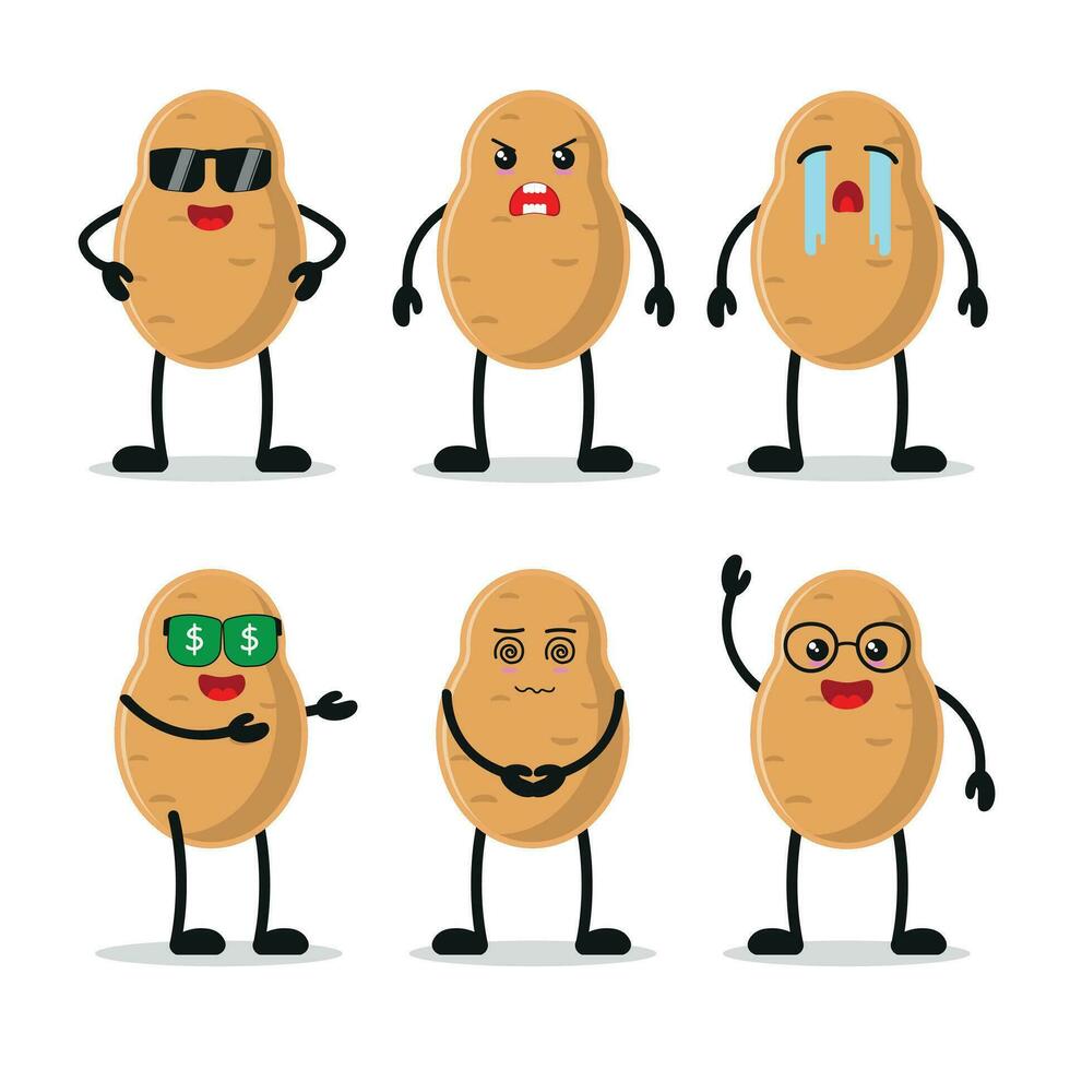 grappig aardappel slijtage zonnebril tekenfilm met veel uitdrukkingen. verschillend groente werkzaamheid vector illustratie vlak ontwerp. slim aardappel voor kinderen verhaal boek.