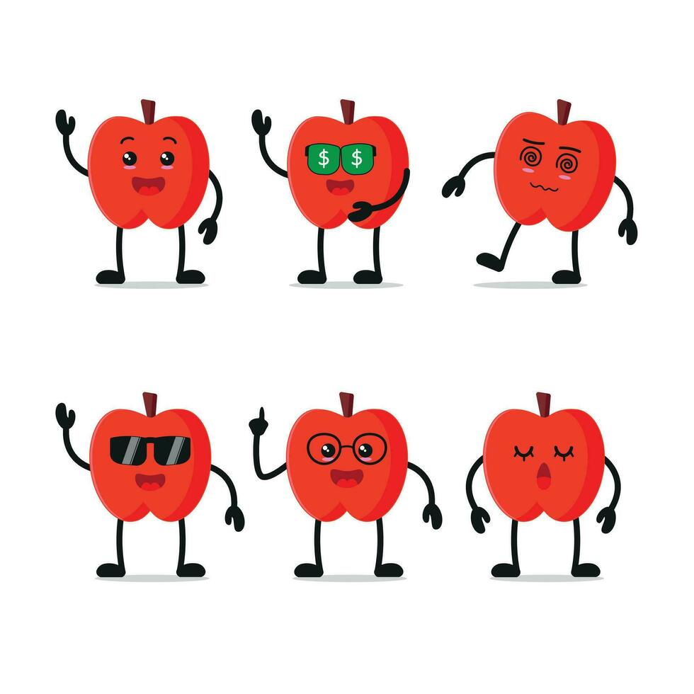 schattig appel tekenfilm karakter vector icoon illustratie voedsel met verschillend werkzaamheid gezicht uitdrukking