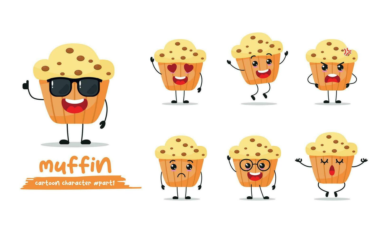 schattig muffin tekenfilm met veel uitdrukkingen. verschillend werkzaamheid houding vector illustratie vlak ontwerp reeks met zonnebril.