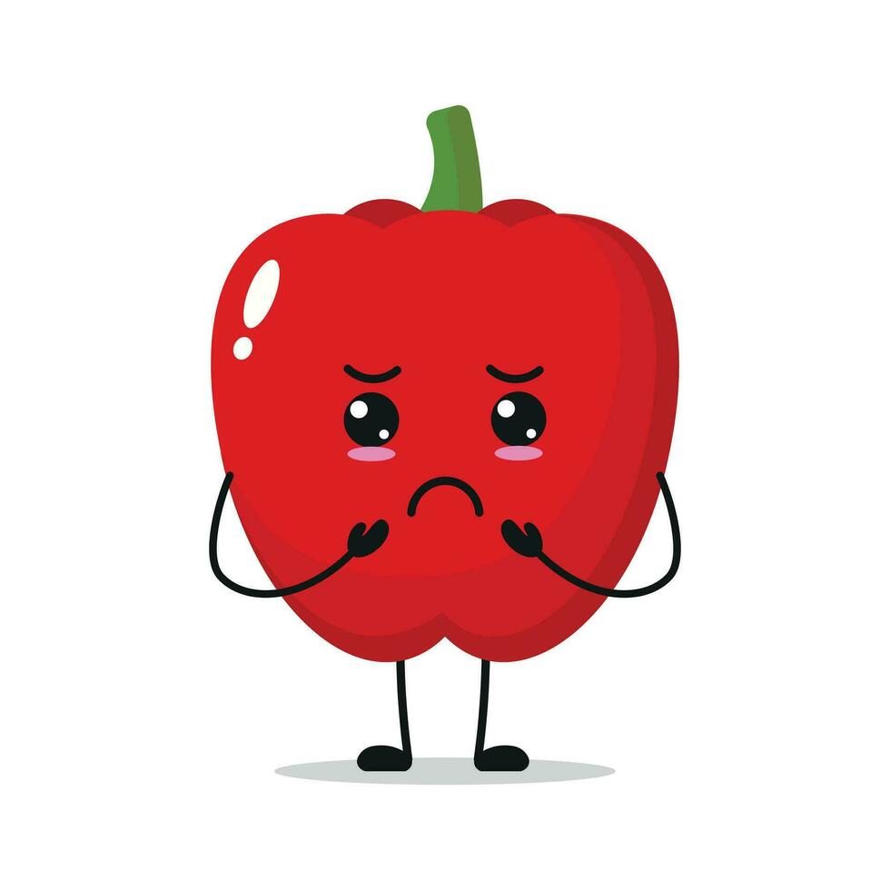 schattig somber rood paprika karakter. grappig verdrietig paprika tekenfilm emoticon in vlak stijl. groente emoji vector illustratie