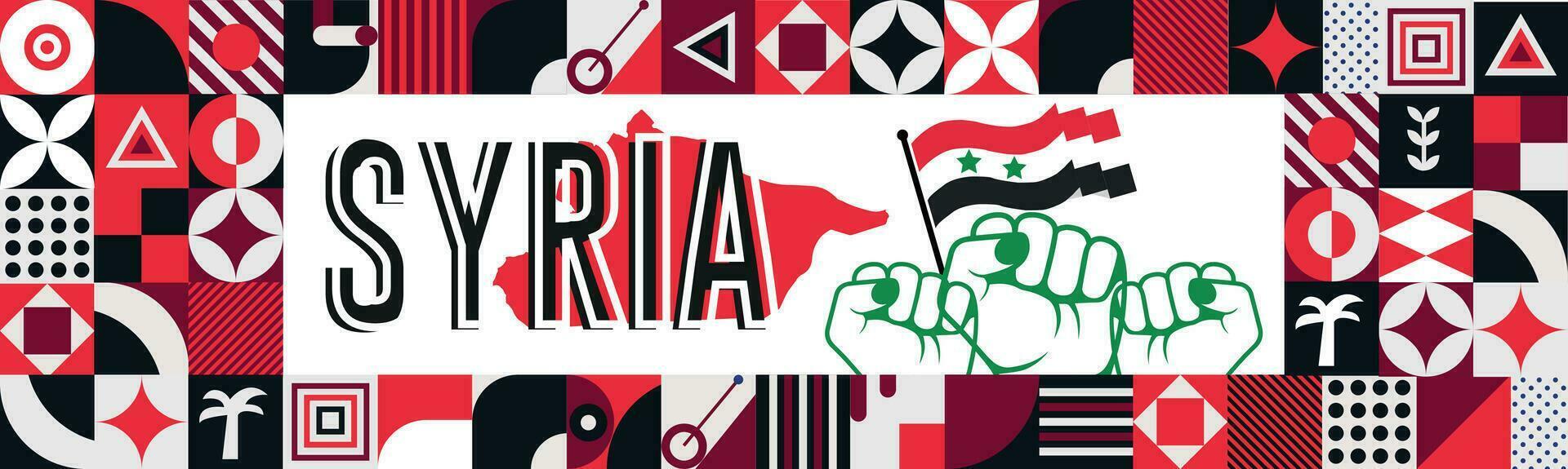 Syrië kaart en verheven vuisten. nationaal dag of onafhankelijkheid dag ontwerp voor Syrië viering. modern retro ontwerp met abstract pictogrammen. vector illustratie.