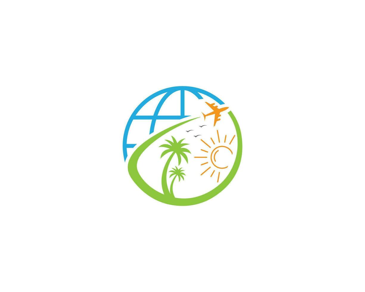 abstract aarde strand op reis logo ontwerp met icoon palm boom symbool vector icoon.