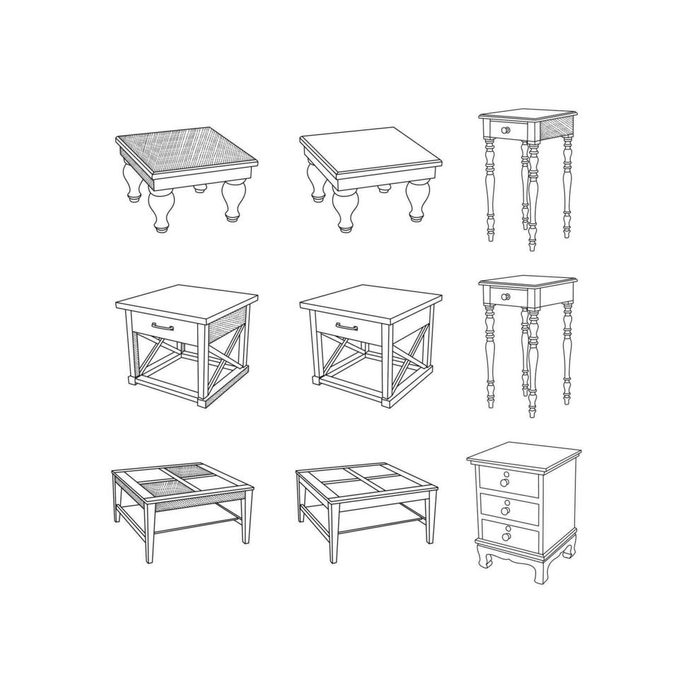 reeks van koffie tafel en tafel schot icoon lijn gemakkelijk meubilair ontwerp, element grafisch illustratie sjabloon vector