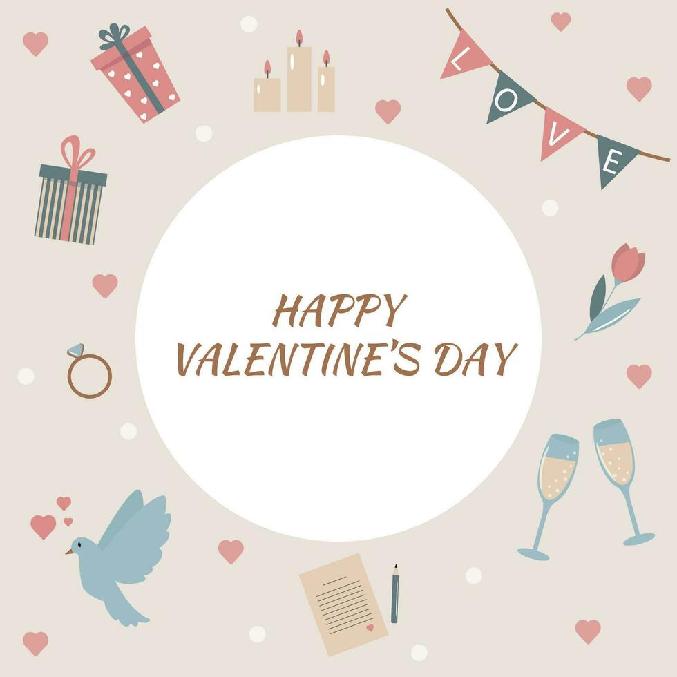 Valentijnsdag dag kaart in vlak stijl. traditioneel symbolen hart, ring, bloem, geschenken, duif, kaarsen, bril en anderen. vector illustratie
